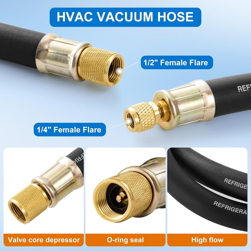 Tigbear 1/2" Vacuum Refrigerant Hose, High Flow HVAC Refrigerant Charging Hose 1/2 to 1/4 Flare for R410A R134A R407C R502 R12 R22 System, 640 PSI Working Pressure, 60 Inch Black AC Recharge - Image 2